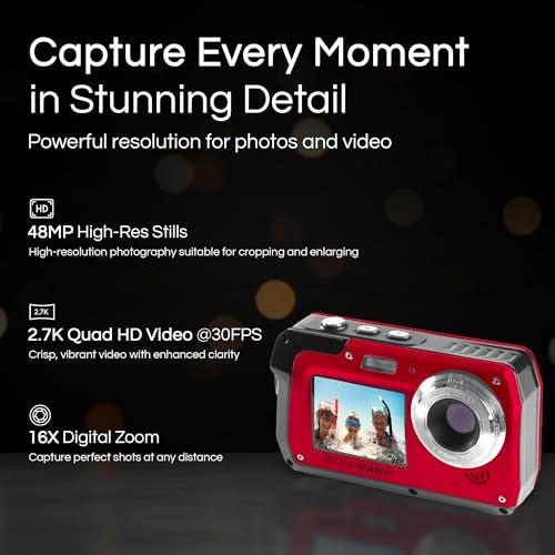 Minolta MN40WP 48MP Waterproof Digital Camera – Dual LCD Screens, 2.7K QHD Video, 16x Digital Zoom, Anti-Shake, Face Detection, 10ft Waterproof (Red) by Minolta - Image 2