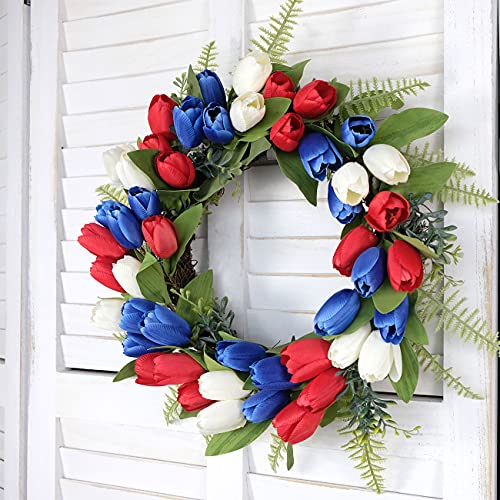 18 Inch Artificial Tulip Flower Wreaths Red White Blue Artificial Floral Wreath American Flag Floral Wreath Patriotic Decorations Wreath 4Th Of July Independence Day #TOP3