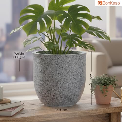 Image of BonKaso 8 Inch Jaguar Round Plant Pots | Highly Durable & Lightweight Polymer Planter for Indoor & Outdoor Use | Flower Pot (Gamla /Gamale) for Home, Office, Garden, Living Room & Balcony (Light Grey)
