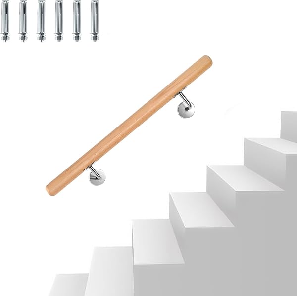 Main courante en bois de hêtre - 50 cm - Rampe d'escalier murale - Avec support mural et embouts, main courante ronde de 42 mm de diamètre - Antidérapante - Pour escaliers, balcon - 1