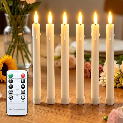 Image of JOSU LED Flameless Taper Candles with Remote Timer, 6 Pcs Ivory Fake Candlesticks Battery Operated 3D Flickering, Realistic Electric Candles Warmer Lamp Light for Wedding Party Home Decor, 0.78 inchx8.86 inch