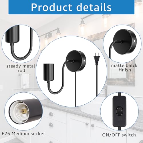 Image of Plug in Wall Sconce with Switch, Industrial Wall Mount Light Fixture E26 Vintage Wall Sconces, with Plug in Cord Black Metal Farmhouse Wall Lamp for Bedroom Living Room Corridor
