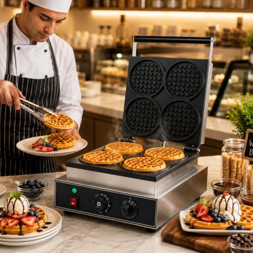 Image of Round Rotating Waffle Machine, Commercial Electric Waffle Maker Machine, Professional Belgian Waffle Maker for Cafe Bakery
