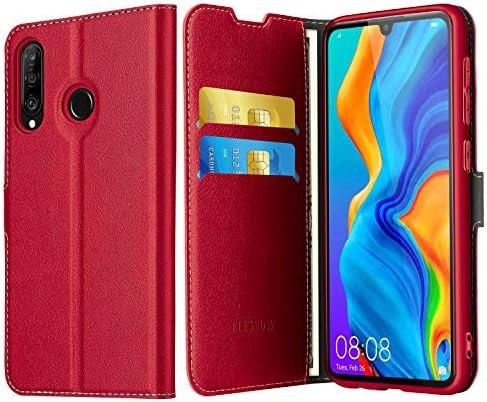 ELESNOW Case for Huawei P30 Lite / P30 Lite New Edition, Premium Leather Flip Phone Case Cover with Magnetic Closure Compatible with Huawei P30 Lite / P30 Lite New Edition (Red)