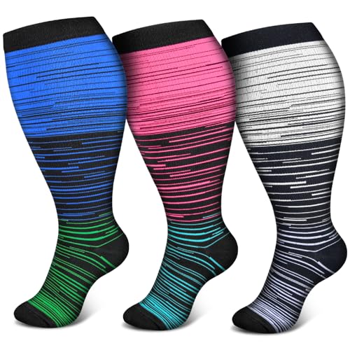 TRIITECH 3 Pair Plus Size Compression Socks for Women and Men,20-30mmHg Wide Calf Knee High Compression Stockings for Circulation