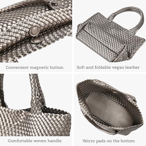 Image of Woven Tote Bag for Women, Large Vegan Leather Tote with Inner Pouch | Soft Woven Texture,Relaxed Style,Shoulder Tote Bag,Unstructured Tote,Casual Woven Handbag,Open Interior,Removable Pouch