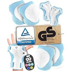 Patines 4 Ruedas Azules 99FLIPS Protecciones Patines niño e niña - Protecciones Skate niño Rodilleras Patines de Hielo - Rodilleras y Coderas niño - Protectores Patines 4 Ruedas - Flash Talla S/M Azul Claro