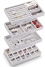 Velvet Jewelry Trays Organizer, Stackable Jewelry Display Case Drawer Inserts Tray, Necklace Storage Holder for Earring, Ring, Bracelet, Brooch, Watch, Multi-slot Design (Grey, 1)