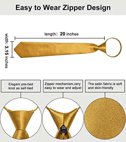 Image of YourTies Zipper Tie for Men Adjustable Pre-tied Satin Neckties and Pocket Square Set Solid Color Business Formal Wedding