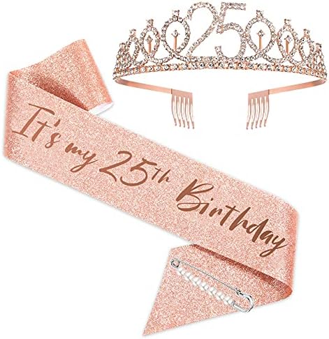 BRT Bearingshui 25th Birthday Sash and Tiara for Women, Rose Gold Birthday Sash Crown 25 & Fabulous Sash and Tiara for Women, 25th Birthday Gifts for Happy 25th Birthday Party Favor Supplies