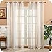MRTREES 2 Piezas Cortinas Visillos Translúcidos Rayas de Dormitorio Moderno 140×260cm con Ojales para Ventanas Habitación Niño Salon Cocina Comedor Baño Beige+Blanca