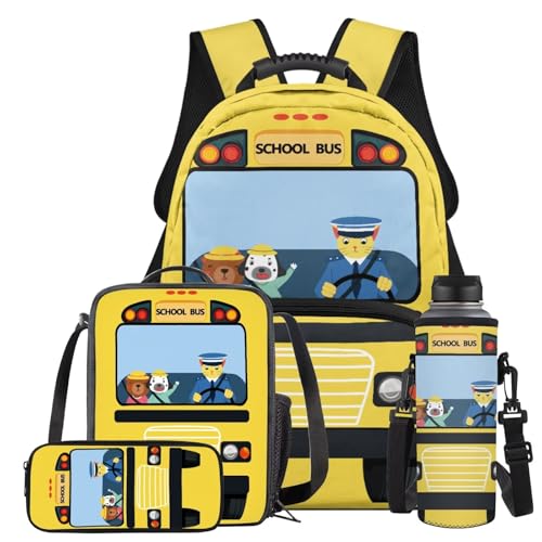 School Bus Backpack for Toddler Boys Kids School Bags for Boys 4 To 6 Lightweight 4 Pcs Kids Bookbag and Lunch Box Set for Students Back to School Gifts