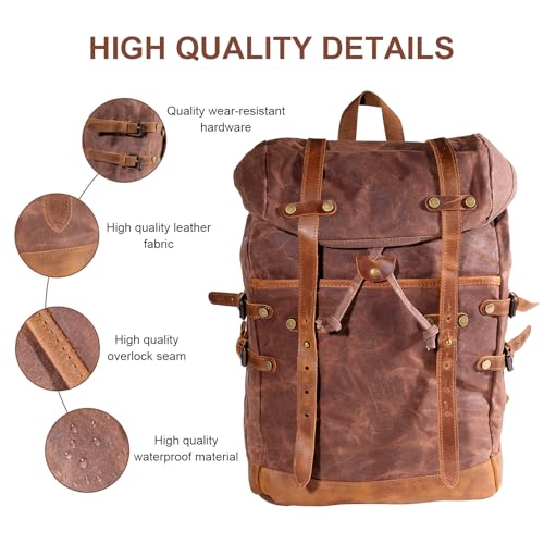 Waxed Canvas Leather Hiking Travel Waterproof Backpack for College Weekend Travel Fit 15in laptops3