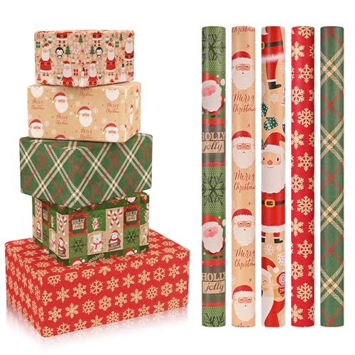CHEPULA Geschenkpapier Weihnachten 5 Rollen, 43cm x 300cm Weihnachtspapier Recycelbares, Nature Kraftpapier Weihnachtsgeschenkpapier, Weihnachts Geschenk Papier Kinder Geschenkverpackung für Xmas