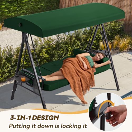 Image of 3 Seat Outdoor Patio Porch Swing with Adjustable Canopy, 3 in 1 Swing for Adults, Patio Swing Chair with Thickened Cushions,Pillows & Cup Holders for Backyard, Porch, Garden (Green)