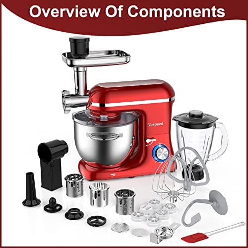 Vospeed 9 IN 1 Stand Mixer, 1500W Multifunctional Food Mixer 7L, Electric Kitchen Mixer with Mixing Bowl, Dough Hook, Whisk, Beater, Meat Grinder, Juice Blender, Dishwasher Safe (Red)