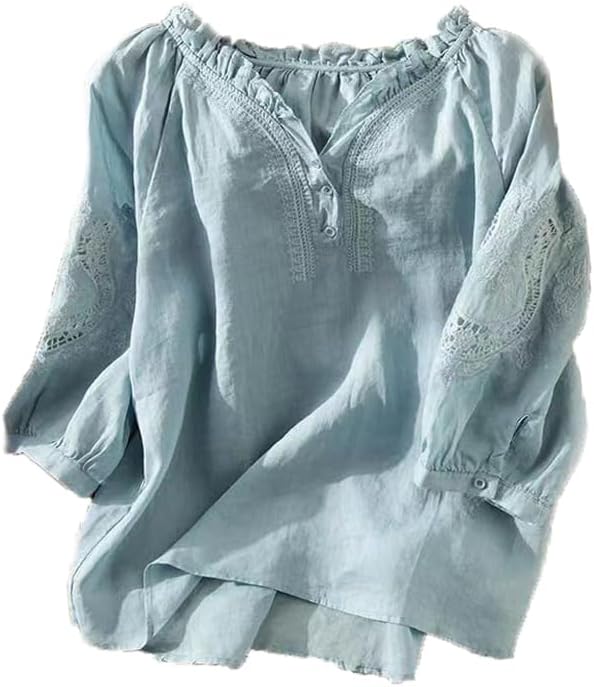 Women's Cotton Linen Button Short Sleeve Shirt Loose Summer Casual Crewneck Boho Top Embroidered Blouse Tops