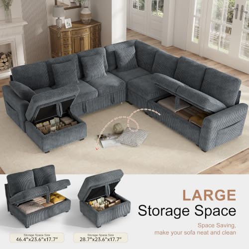 Image of Hanherry 106 inch Sectional Sofa with Pull Out Couch Bed,7 Seat Corduroy Sleeper Sofa with 2 Seat Storage & USB Charging,Storage Ottoman,Comfy Modular Couches for Living Room,Apartment