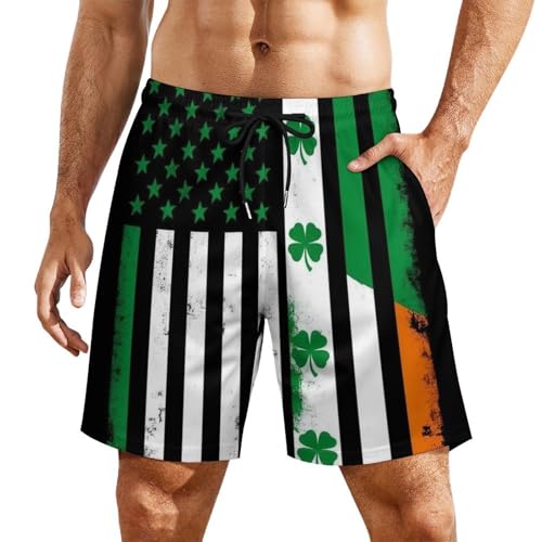 Men's Fashion Casual Swimming Trunks Quick Dry Beach Shorts with Elastic Waist and Pockets St Patricks Day Shamrock Clover Irish American Flag