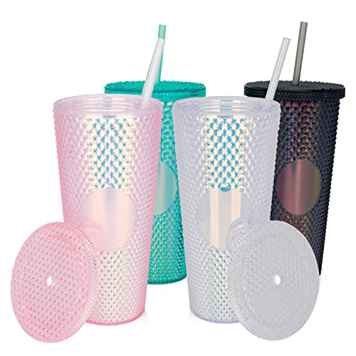Luxfuel 32 oz Acrylic Tumblers with Lid & Straws, Double-Walled Insulated Clear Plastic Drink Cup, BPA-Free, Reusable Iced Coffee Cups for Parties, Birthdays, Graduation, Fits Car Cup Holder