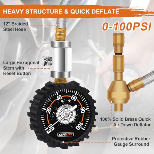 Image of Tire Deflator with Pressure Gauge (0-100psi) Adjustable Tire Air Down Tool - Large 2.5 inch Easy Read Glow Dial & Solid Brass Hardware - Rapid 4x4 Offroad Deflator Kit for Jeep, Truck or ATV