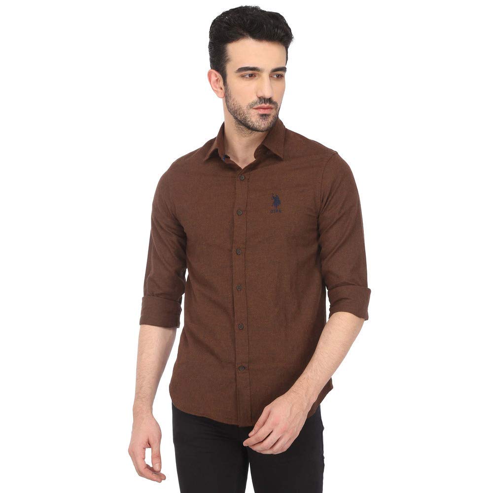 US Polo Men's Solid Regular Fit Casual Shirt (USSH5654_Brown_XXLFS)