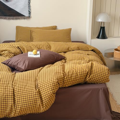 Image of Plaid Duvet Cover Twin Size Yellow Brown Gingham Bedding Set Farmhouse Buffalo Grid Checkered Duvet Cover Set Soft Lightweight Microfiber Quilt Cover with Zipper Closure and 1 Pillowcase