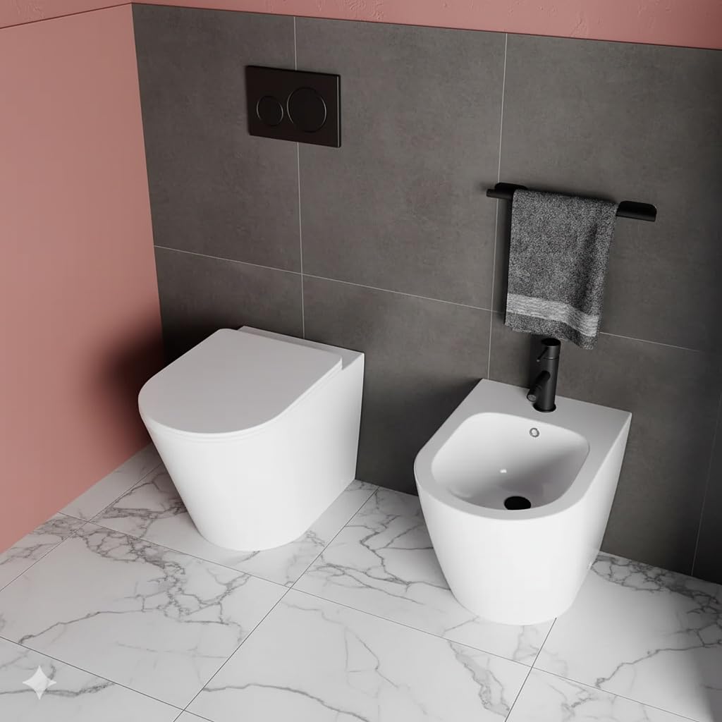 coppia di sanitari da terra in ceramica bianca, filo muro, seduta ammortizzata soft close