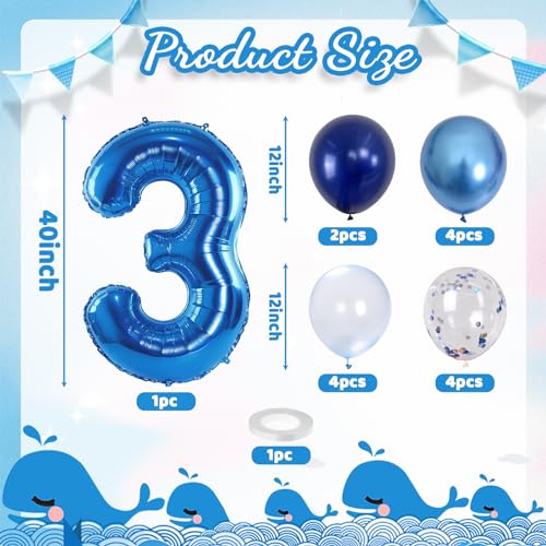 Image of Navy Blue 3rd Birthday Balloon - Giant Self Inflating Number 3, Metallic Dark Blue Silver Confetti Helium Balloon, Foil 40 Inch Three for Boys 3 Year Old Birthday Party Anniversary Decor