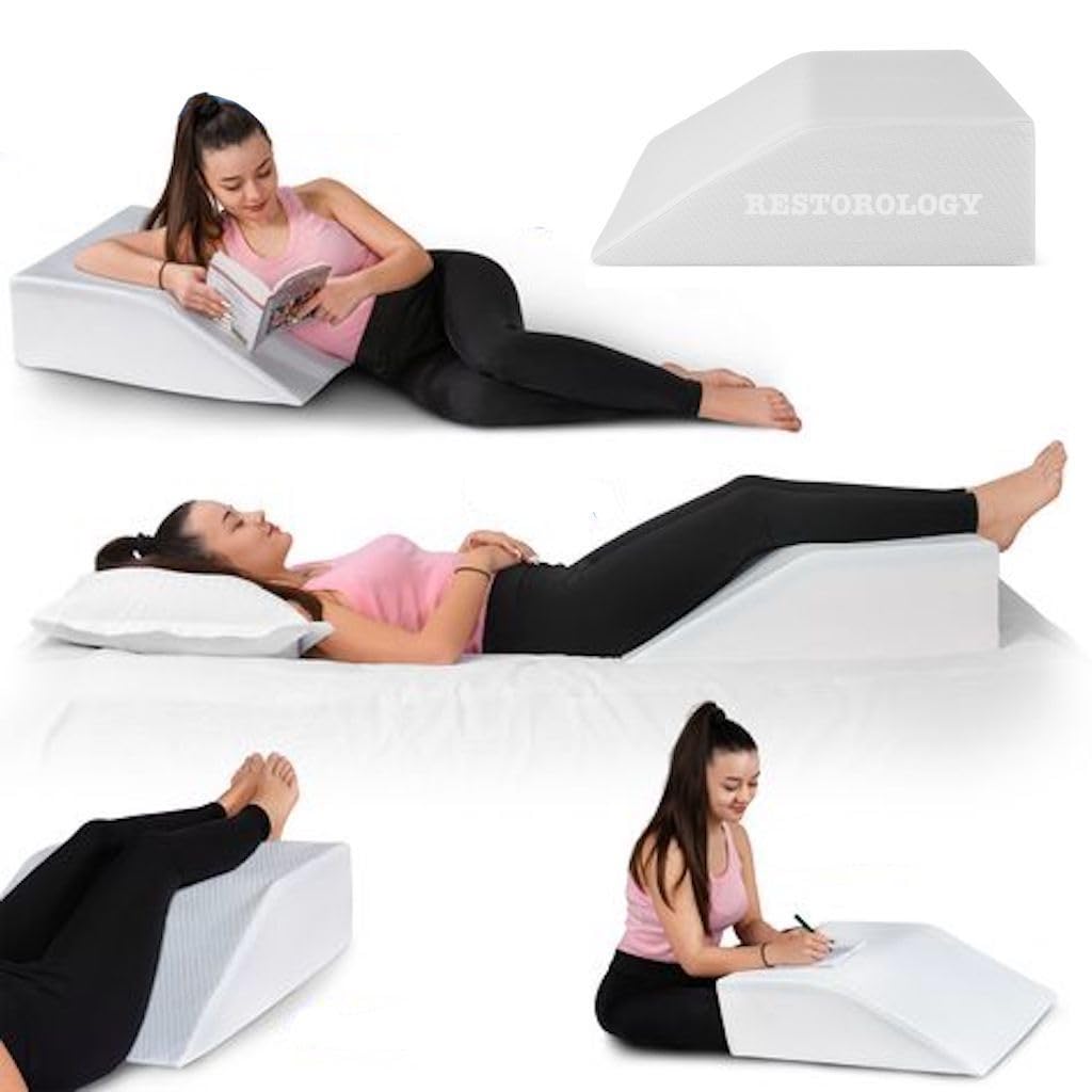 Restorology White Large Leg Elevation Wedge Pillow, Helps Sleeping, Resting, Reading, Blood Circulation, Post Surgery Back Hip Neck Knee Pain, Removable Zip Cover