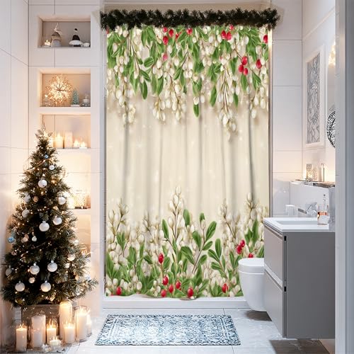 Feiertags-Duschvorhang, festlich, grün-rote Beere, botanische Badezimmer-Dekoration, Winter, Weihnachten, modern, elegant, wasserdicht, Stoff-Duschvorhang mit Haken, 91,4 x 183,9 cm