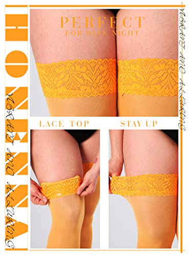 Image of HONENNA Plus Size Thigh High Stockings, Semi Sheer Stay Up Lingerie Lace Top Pantyhose for Curvy Women