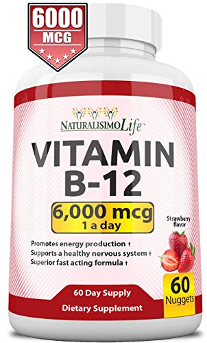 Naturalisimolife Vitamin B12 6,000 Mcg Maximum Strength Fast Acting Formula Strawberry Flavor Nuggets Promotes Energy Production Supports The Nervous System 60 Nuggets Once A Day #TOP4
