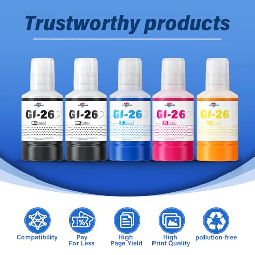 GI-26 GI26 Ink Refill Bottles Kit Compatible for Canon MegaTank GX7021 GX6021 GX7020 GX6020 GX4020 GX5020 GX3020 GX5120 GX6120 GX7120 Printers, Compatible for Canon GI-26 Ink Refill Bottles (5 Packs)