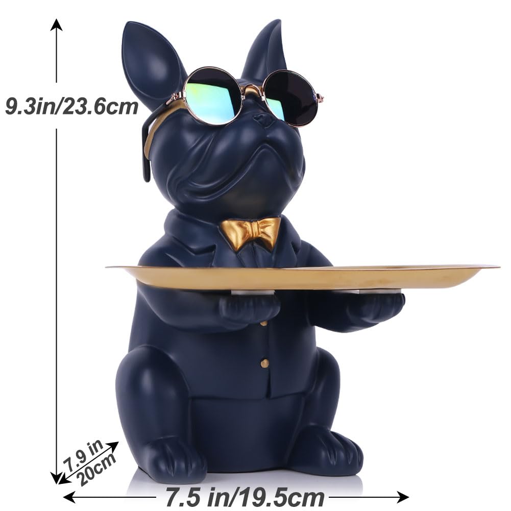 Bandeja de Resina Azul Marino con Estatua de Bulldog para Decoración del Hogar, Banco de Ahorro, Bandeja para Llaves, Almacenamiento, Soporte para Caramelos, Joyas, Pendientes, Adecuada para