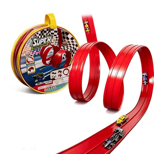 Balakaka Pista de Coches Flexible y Enrollable 4m, Flexible Car Track DIY con 4 Coches para Saltos Rampas, Pista de Coches con Ventosas Juguete Regalo Niño 3+