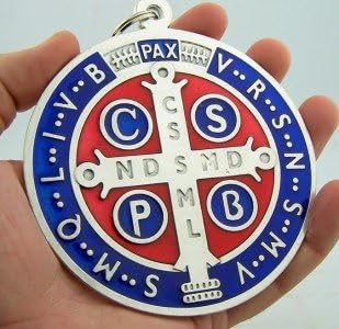 Miniatura 3 de Medalla de San Benito con esmalte rojo y azul, 4 pulgadas, Plata, N A