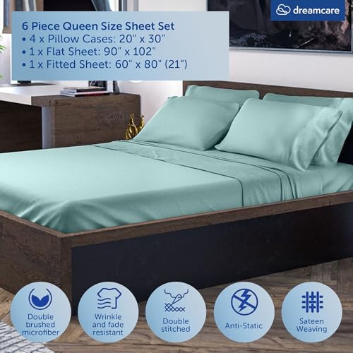 Image of DREAMCARE Queen Sheets - 6 pcs Breathable Cooling Sheets Queen - up to 21 inch | Extra Deep Pocket Queen Sheets Set with Side Pockets - Extra Soft - Queen Sheet Set - Hotel Luxury Queen Bed Sheets - SpaBlue