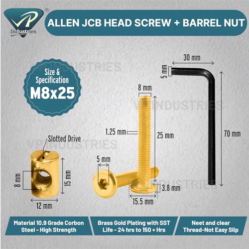 Image of Rely⇒VP INDUSTRIES (Combo Set -10 Pcs) M8x25 mm JCB Bolt with Barrel Nut Carbon Steel |Furniture Screw Fastener Bolts with Barrel Nuts Dowel Nut Connector for Joining Wood Boards, Cabinets, & Beds.