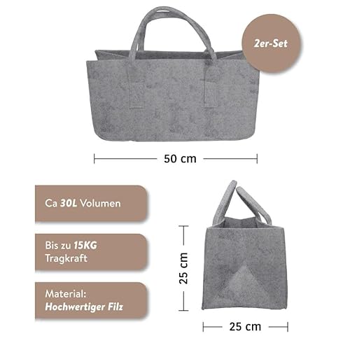 Close Up 2er Set Filztasche Kaminholztasche Filzkorb Kaminholzkorb Filz Zeitungsständer Zeitungskorb, Einkaufstasche, ca. 50 x 25 x 25 cm (Hellgrau & Dunkelgrau)