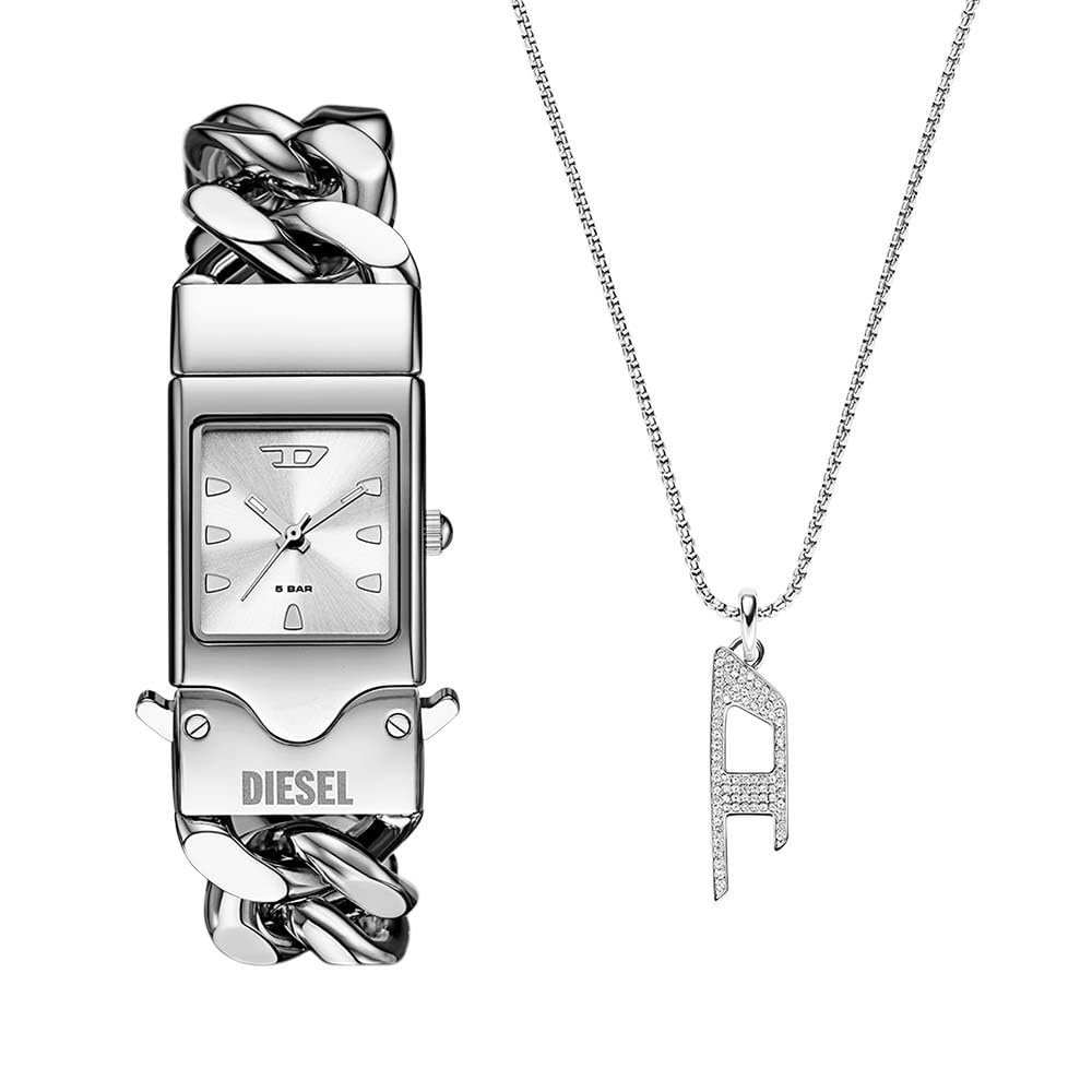 Diesel Hombre Reloj Plateado Closer y Collar D Logo, Set