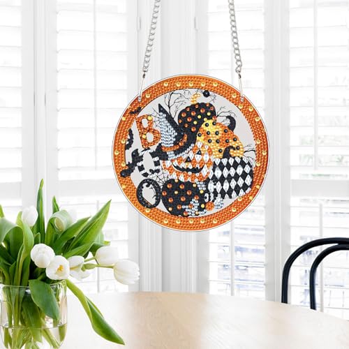 Image of 5D DIY Halloween Diamond Painting Hanging Ornament, Acrylic Rhinestone Pendant Craft with Ghost, Pumpkin, Bat & Witch Hat, Diamond Art Window Suncatchers for Home Wall & Door Holiday Decoration