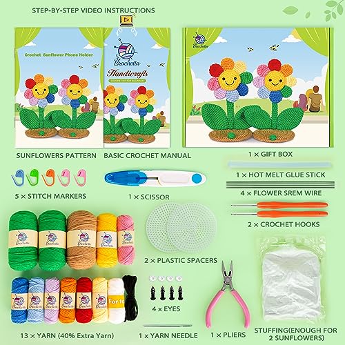 Image of Crochetta Crochet Kit for Beginners, Crochet Kit w Step-by-Step Video Tutorials, Crochet Starter Kit Learn to Crochet Kits for Adults Kids Beginners, 2 Sunflower Phone Holders (40%+ Yarn Content)