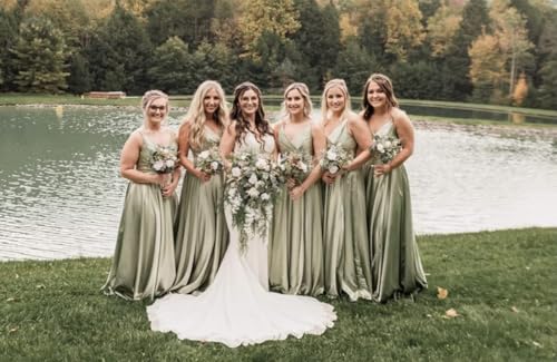 Miao Duo Women's V Neck Satin Bridesmaid Dresses with Slit Spaghetti Straps Formal Prom Gowns with Pockets MDPM964