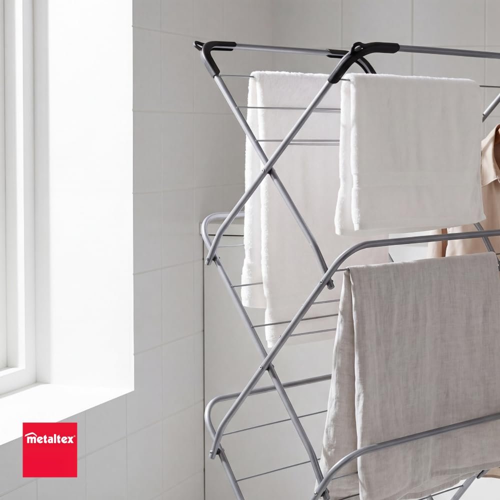 Metaltex 9,5 m extra schmales 3-Tier-Ziehharmonika Wäscheständer Wäschesack, Silber