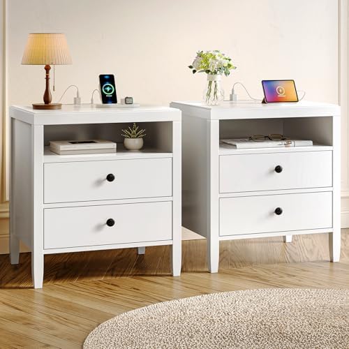 Huuger White Nightstand Set of 2, Night Stand with Charger Statio...