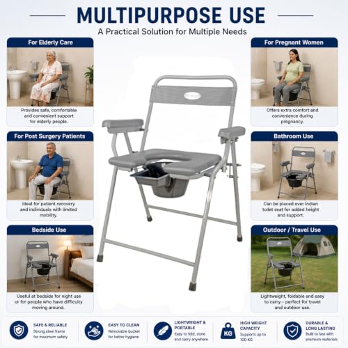 Image of Premium Folding Powder Coated Metal Steel Shower Bathing Room Mobile Commode Chair Indian Toilet Seat For Elderly Disabled Man and Pregant Women Support Safe Chair Anti-Slip (Grey)