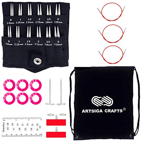 ChiaoGoo Knitting Needles Interchangeable Twist Shorties Red Lace 2 and 3-Inch Small Needle Set Bundle with 1 Artsiga Crafts Project Bag 7230-M