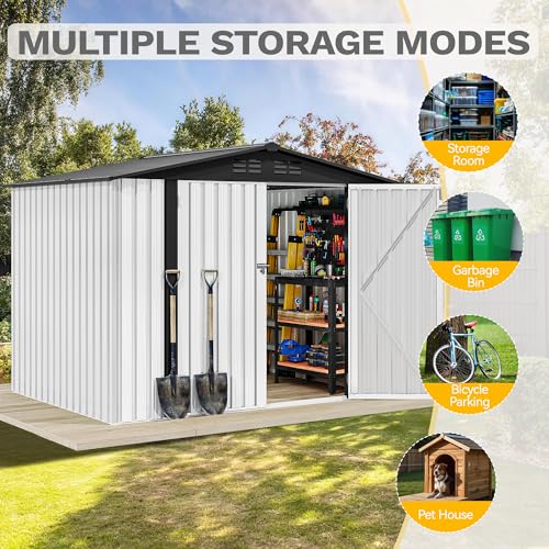 Image of DWVO 7x5ft Metal Outdoor Storage Shed, Waterproof Tool Shed Heavy-Duty Storage Unit with Lockable Door and Vents, Ideal for Bicycles, Tools, Lawnmowers, Backyards, Patios, Lawns - White