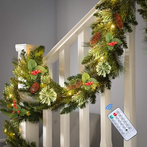 SHareconn 9FT Prelit Artificial Christmas Garland with Color Changing Lights and Timer by Remote Control and Batteries Operated for Mantle Stairs Fireplace Xmas Decoration, Indoor Outdoor, 9 FT, Green